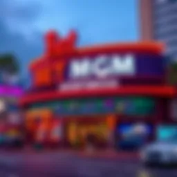 Exterior view of a Bet MGM sportsbook showcasing its vibrant signage.