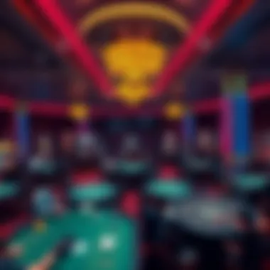 Interior of a luxury casino with numerous gaming tables and players engaged in games