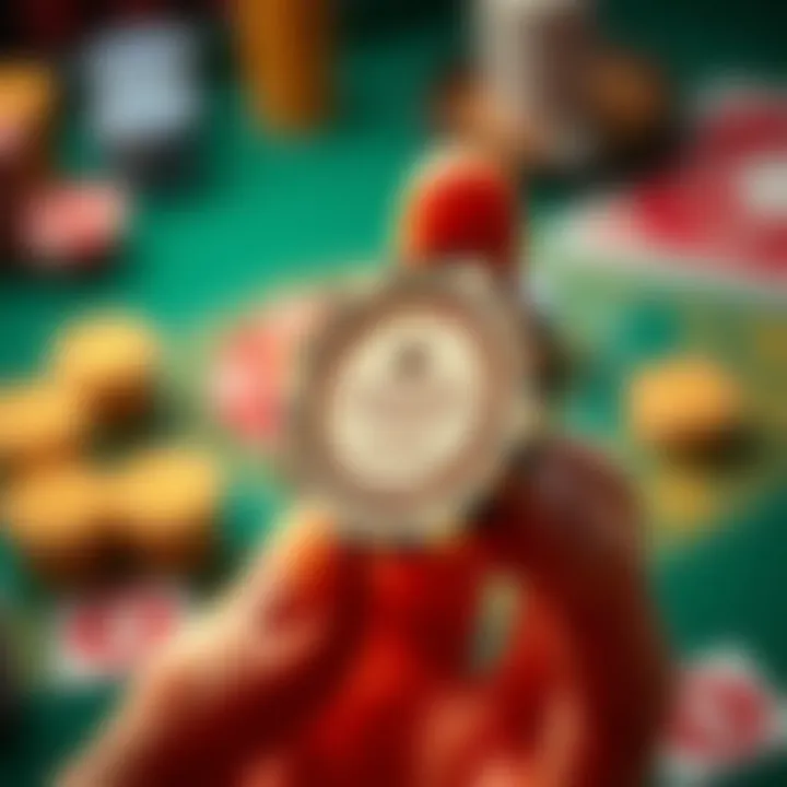 Close-up of a hand delicately holding a casino chip, showcasing its intricate design