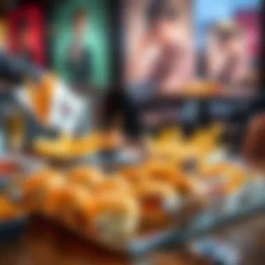 A variety of finger foods including sliders, nachos, and dips arranged on a stylish table setting.