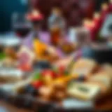 An elegant spread of gourmet snacks for a poker night, featuring charcuterie board and assorted cheeses.