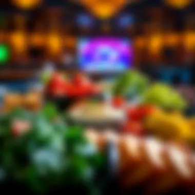 A beautifully presented display of healthy snacks including fresh vegetables, hummus, and fruit platters.