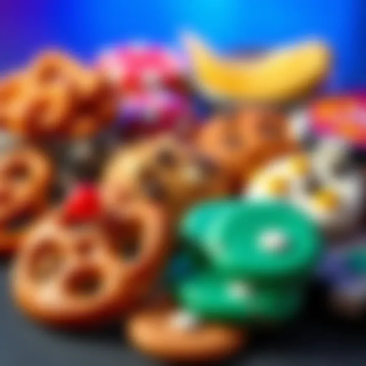 A vibrant assortment of sweet and savory treats, such as cookies and pretzels, designed for poker enthusiasts.