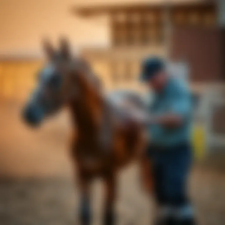 A trainer guiding a young horse in training