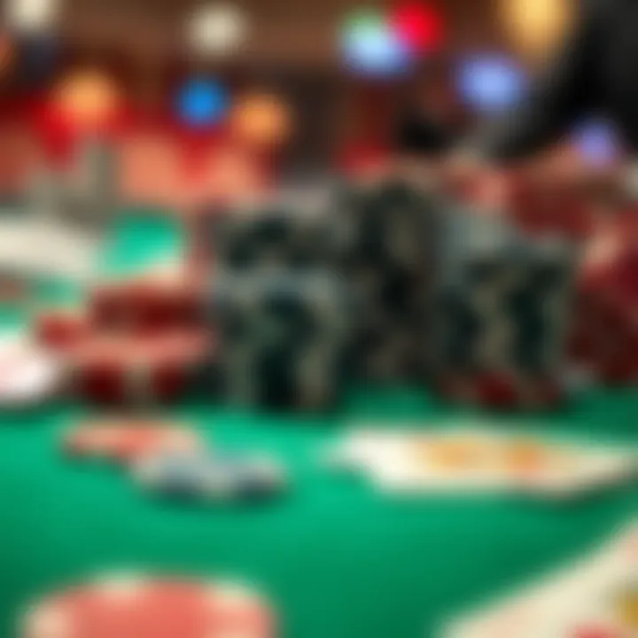 Close-up of poker chips and cards laid out on a gaming table