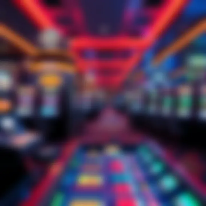 Interior of a vibrant casino floor with gaming tables and slot machines