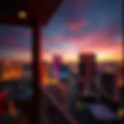A breathtaking view of the Las Vegas Strip from a luxury hotel balcony at sunset