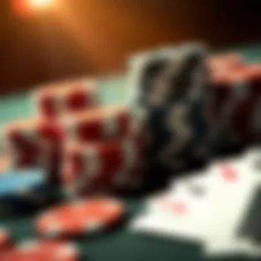 A close-up of poker chips and cards symbolizing competition
