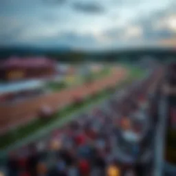 An aerial view of Saratoga Race Course during a busy race day