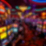 A panoramic view of a bustling casino floor filled with slot machines and gaming tables.