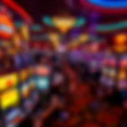 A panoramic view of a bustling casino floor filled with slot machines and gaming tables.