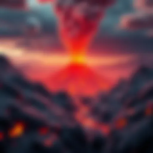 A vibrant depiction of a volcanic landscape with flowing lava
