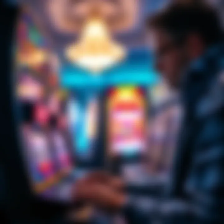 A player strategizing at a slot machine with focused concentration