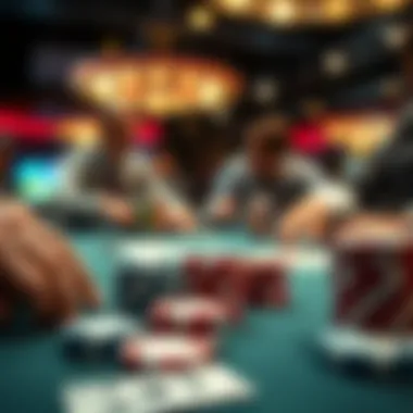 Close-up of a high-stakes poker table with chips and cards