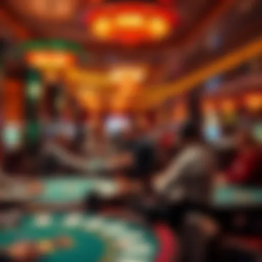 A bustling casino poker room filled with players at various tables