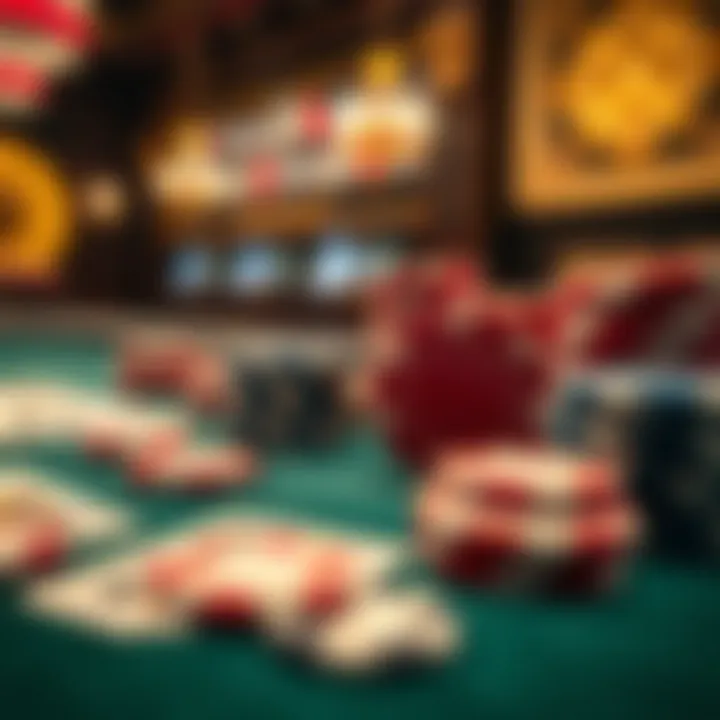 Close-up of poker chips and cards on a table, showcasing the stakes involved