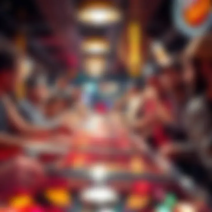 An energetic pinball tournament scene capturing the excitement and focus of participants.