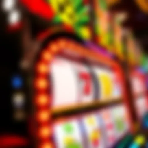 A close-up of a vibrant casino slot machine with bright lights and symbols