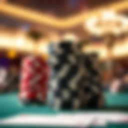 A close-up of poker chips stacked strategically on a felt table