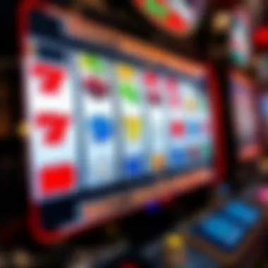 Close-up of a slot machine display showing various symbols and payout lines